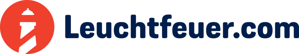Red circle with a white out lighthouse icon and leuchtfeuer.com written beside in dark blue